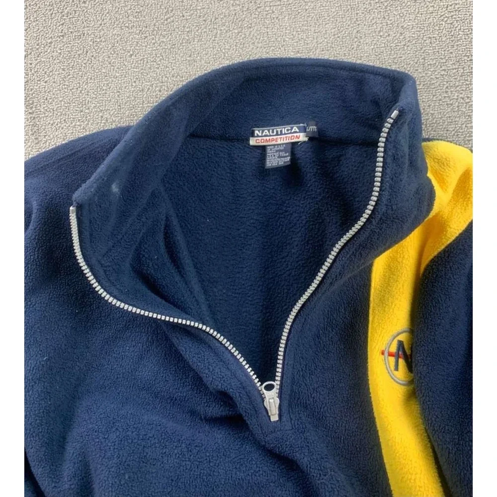 Vintage Nautica Competition Fleece Pullover Men XXL Navy Blue Yellow Made USA‎